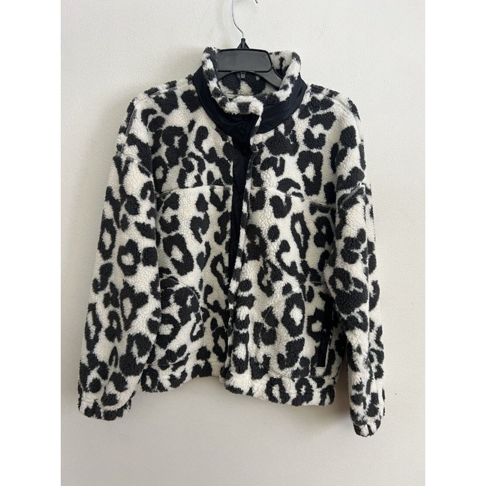 Old Navy‎ Active Leopard Sherpa Snap Front Jacket Womens Size Large Black White